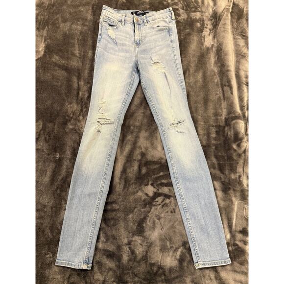 Hollister Jeans Womens 1R W25 L30 Light Wash High Rise Super Skinny Distressed - Picture 2 of 14